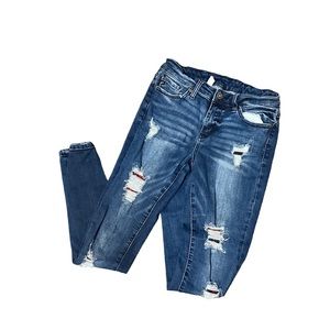KanCan Ripped Skinny Jeans Flannel Plaid Patch 7/27
